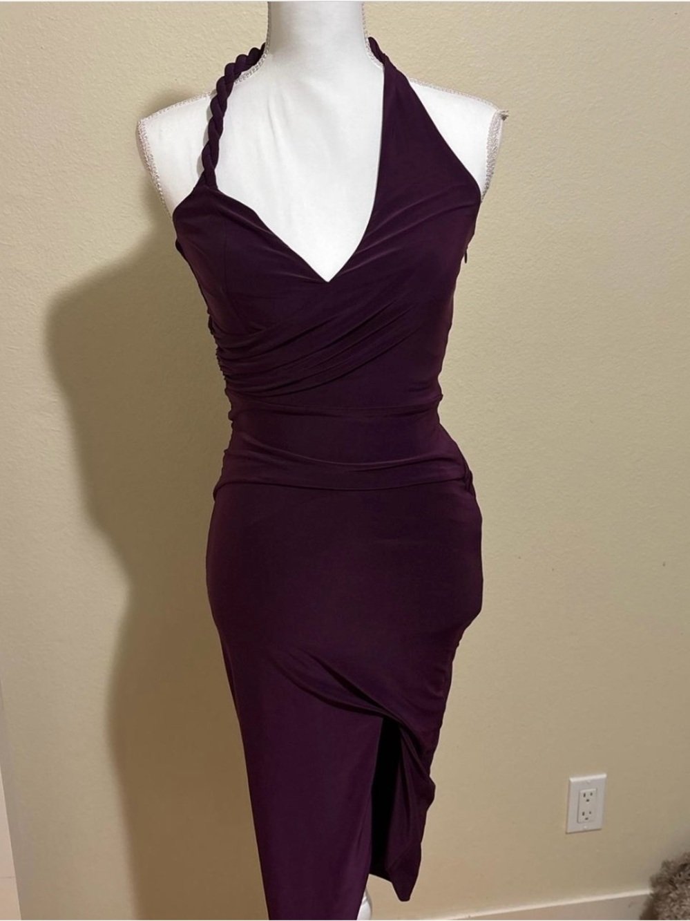 Lux Plum One-Shoulder Braided Halter Midi Dress